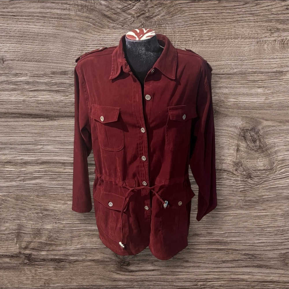 Vintage Women’s Denim & Co Jeanswear Burgundy Red Safari Jacket Faux Suede M
